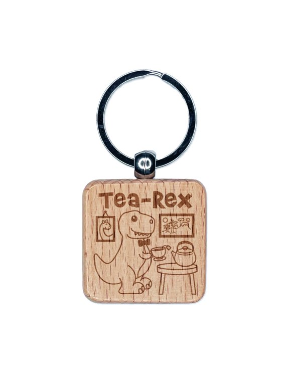 Tea Rex Tyrannosaurus Rex Dinosaur Square Keychain Charm Tag - Engraved Wood