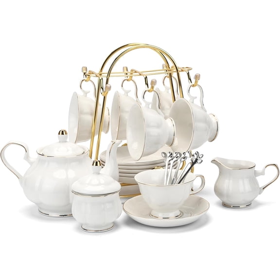 22-Piece Porcelain Tea Set for 6 with Teapot Sugar Bowl Creamer and Teaspoons White
