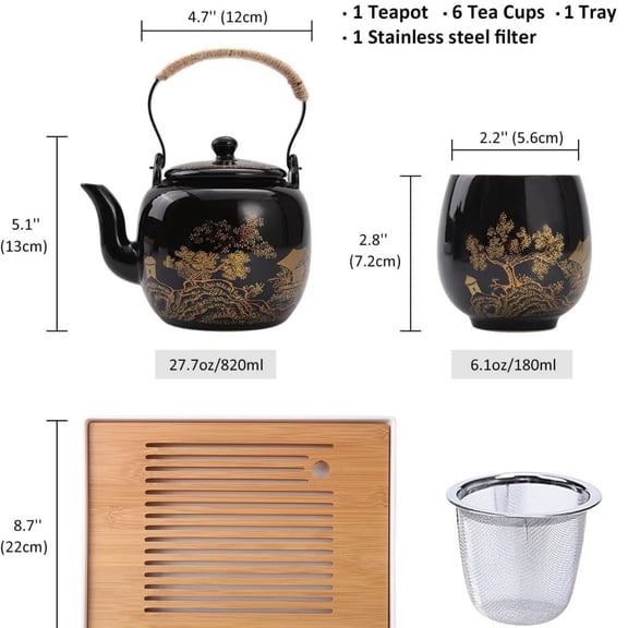 Tea Set, Black Porcelain Tea Set with 1 Teapot Set, 6 Tea Cups, 1 Tea Tray, 1 Stainless Infuser, Beautiful Asian Tea Sets for Adults, Tea Lover/Women/Men