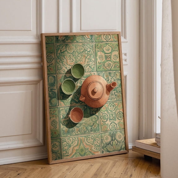 Tea Set Tile Kitchen Teapot Still Life Green Tile Pattern Mediterranean Kitchen Graphic Poster Unframed Paper Print