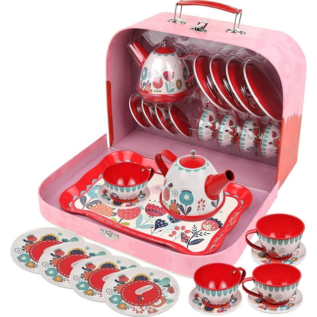 Tea Set for Little Girls, Pretend Play Tea Party Set, Floral Design