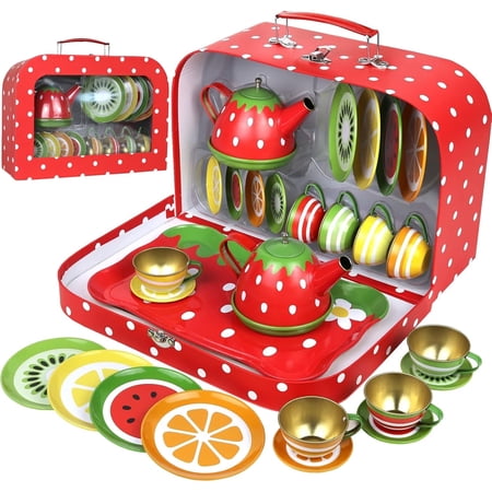Tea Set for Little Girls, Pretend Play Tea Party Set, Fruit Design Kids Tin Tea Set with Carrying Case (15 Pcs)
