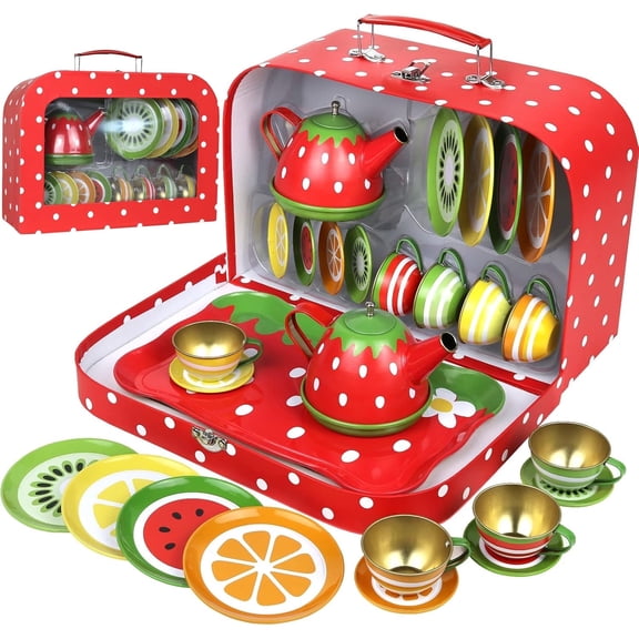 Tea Set for Little Girls, Pretend Play Tea Party Set, Fruit Design Kids Tin Tea Set with Carrying Case (15 Pcs)