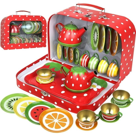 Tea Set for Little Girls, Pretend Play Tea Party Set, Fruit Design Kids Tin Tea Set with Carrying Case (15 Pcs)
