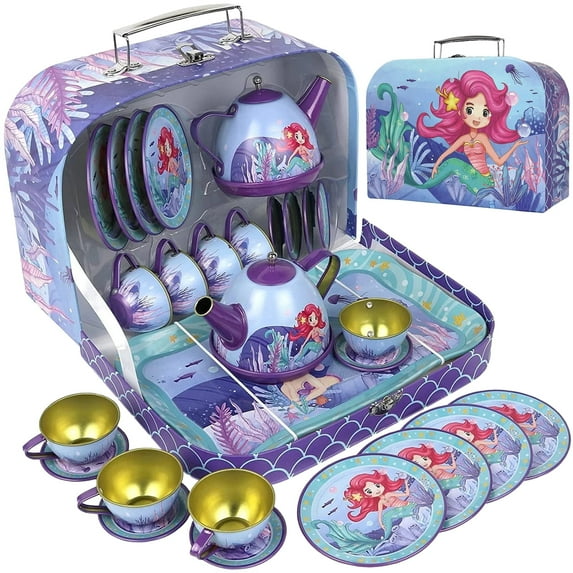 Tea Set for Little Girls, Pretend Play Tea Party Set, Mermaid Kids Tin Tea Set with Carrying Case 15 Pcs