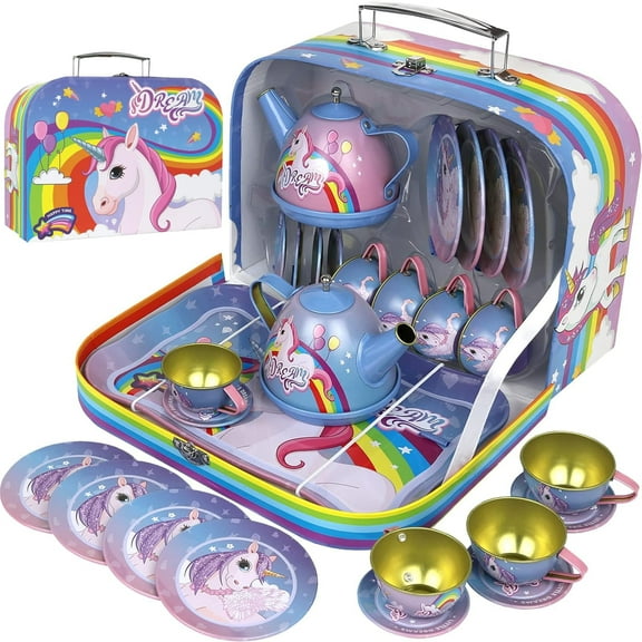 Tea Set for Little Girls, Pretend Play Tea Party Set, Unicorn Design Kids Tin Tea Set with Carrying Case (15 Pcs)