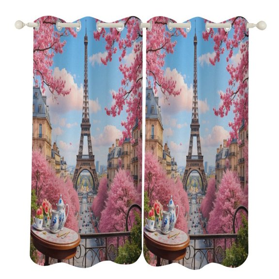 Tea Set on Balcony, Eiffel Tower View Study Room Living Kitchen Bedroom For Blackout Curtain Printed 2 Panels