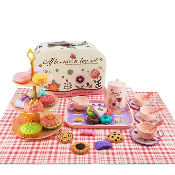 Tea Set with Cake Stand and Dessert Play Food for Kids with Case Tea Party Set for Girls Tea Time Toys Play Food Picnic Set Gift