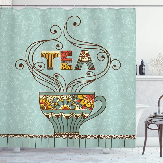 Tea Shower Curtain, Aromatic Beverage Drink Cup with Blossom Ornamental Swirled Lines on Spring Background, Fabric Bathroom Set with Hooks, 69W X 75L Inches Long, Multicolor, by Ambesonne