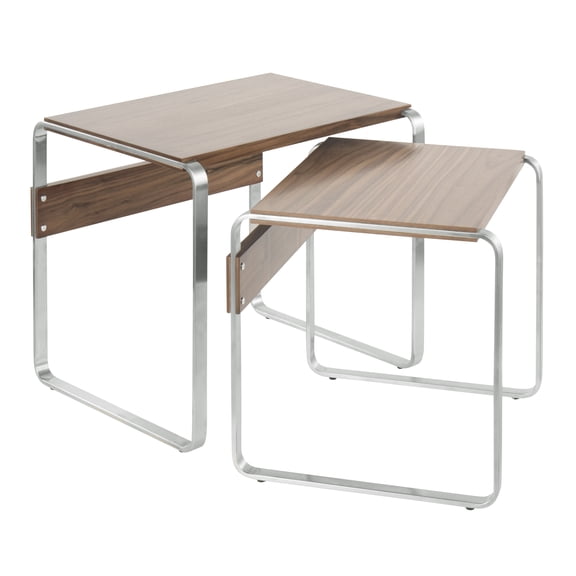 Tea Side Mid-Century Modern Nesting Tables in Stainless Steel and Walnut