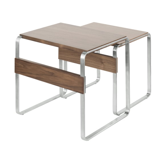 Tea Side Mid-Century Modern Nesting Tables in Stainless Steel and Walnut