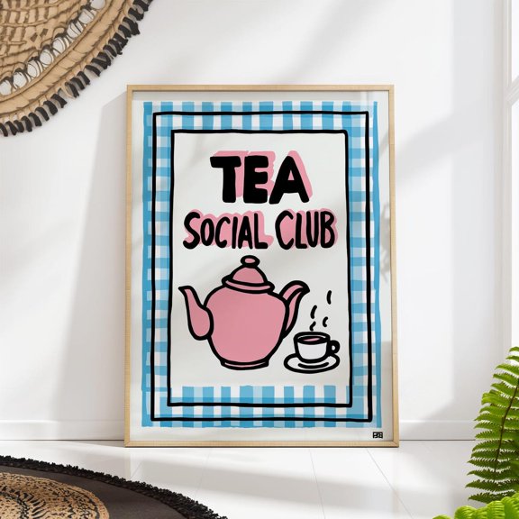 Tea Social Club Retro Teapot Kitchen Wall Art, Unframed Paper Poster 8x10in