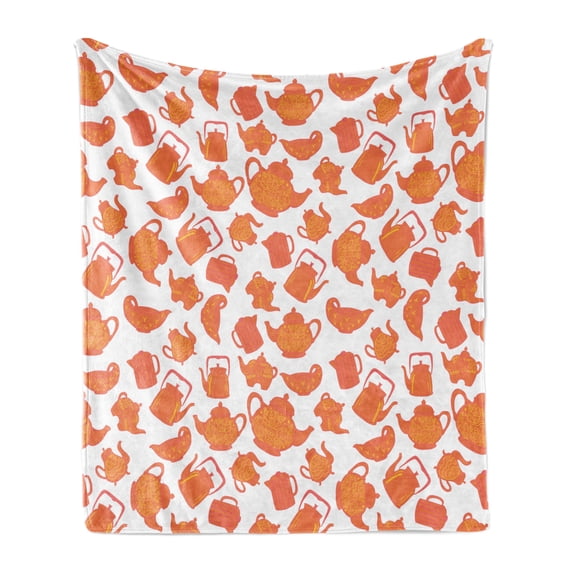 Tea Soft Flannel Fleece Blanket, Old Fashioned Classic Ornament Teapots Ceramic Antique Teatime Beverage Pattern, Cozy Plush for Indoor and Outdoor Use, 70" x 90", Orange Rust White, by Ambesonne