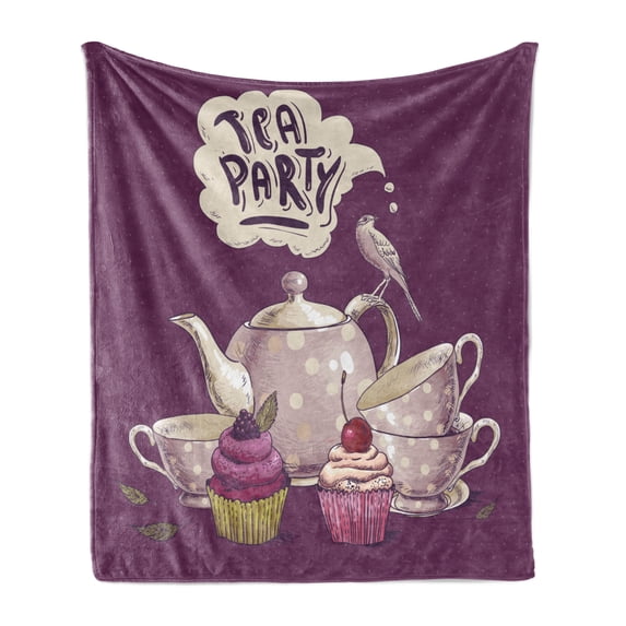 Tea Soft Flannel Fleece Blanket, Teatime with Porcelain Retro Antique Design with Cupcakes and a Bird Artwork, Cozy Plush for Indoor and Outdoor Use, 70" x 90", Purple and Multicolor, by Ambesonne