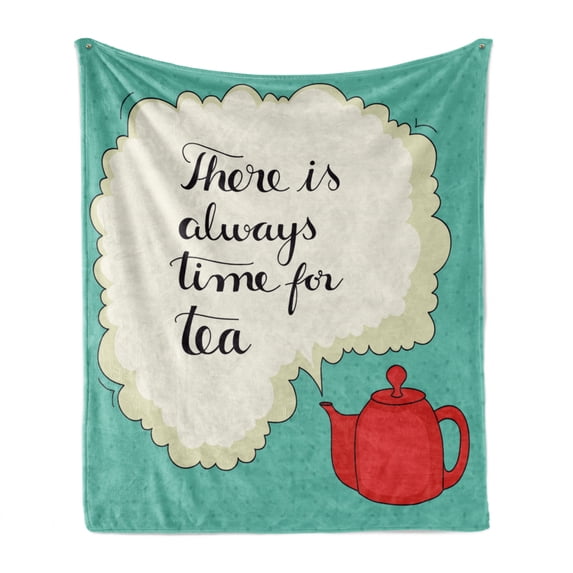 Tea Soft Flannel Fleece Throw Blanket, There is Always Time for Tea Typography Design Friendly Pop Art Retro Style, Cozy Plush for Indoor and Outdoor Use, 70" x 90", Turquoise Ivory Red, by Ambesonne