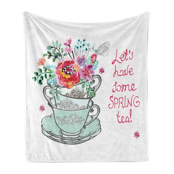 Tea Soft Flannel Fleece Throw Blanket, Lets Have Some Spring Tea Words with Bloom Bouquets in the Cup Watercolor Artwork, Cozy Plush for Indoor and Outdoor Use, 50" x 70", Multicolor, by Ambesonne