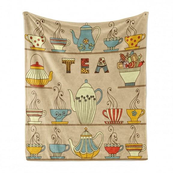 Tea Soft Flannel Fleece Throw Blanket, Ornamental Teapots Cups Old Fashioned Afternoon Kitchen British Tradition Art, Cozy Plush for Indoor and Outdoor Use, 50" x 70", Multicolor, by Ambesonne