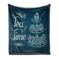 thumbnail image 1 of Tea Soft Flannel Fleece Throw Blanket, Pastries Bakery Cookies Muffin Cake Biscuit Morning Brunch Menu, Cozy Plush for Indoor and Outdoor Use, 70" x 90", Petrol Blue and White, by Ambesonne, 1 of 5