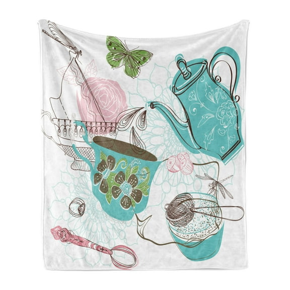 Tea Soft Flannel Fleece Throw Blanket, Rose Flowers Teapot Butterfly Dragonfly Nuts Kitchen Cake Doodle Artwork Print, Cozy Plush for Indoor and Outdoor Use, 50" x 70", Multicolor, by Ambesonne