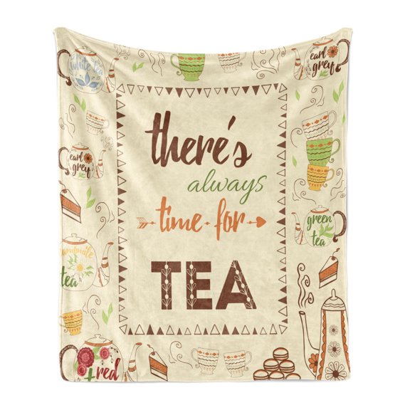 Tea Soft Flannel Fleece Throw Blanket, There is Always Time for Tea Inspirational Words Earl Grey Chamomile Green Tea Pots, Cozy Plush for Indoor and Outdoor Use, 60" x 80", Multicolor, by Ambesonne