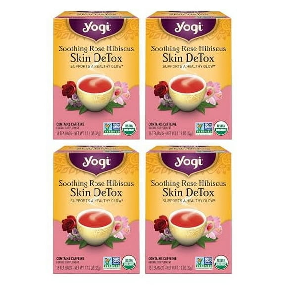 Tea Soothing Rose Hibiscus Skin Detox Tea - 16 Tea Bags Per Pack (4 Packs) - Organic Detox Tea To Support Skin Health - Includes Green Tea Leaf, Rose Petal, Honeybush Leaf, Hibiscus & More