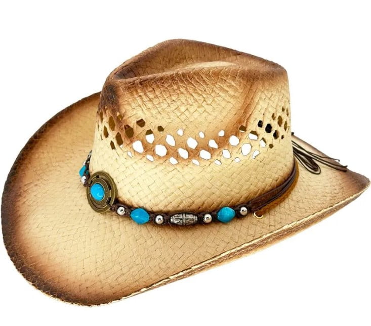 Women's Western Cowboy Hat with Turquoise Blue Beads Morocco