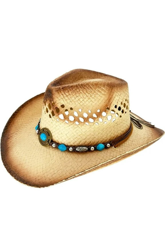Tea Stain Straw COWBOY HAT w/ Turquoise Blue Beads WOMEN WESTERN Cowgirl