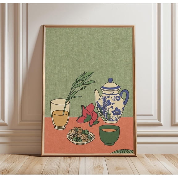 Tea Still Life Poster Botanical Kitchen Wall Art Scandinavian Folk Art Print Minimalist Ce