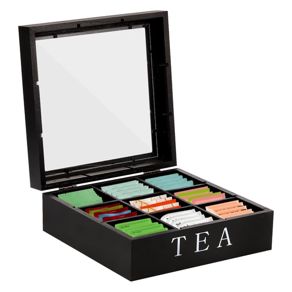 Tea Storage Organizer with Clear Acrylic Top Window,9 Compartments Eco-Friendly Tea Bag Holder, Multi-Functional Storage Box