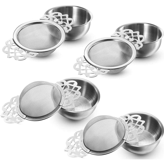 Tea Strainers with Drip Bowls, Mesh Tea Infuser Stainless Steel Loose Leaf Tea Filter with Handles for Better Tea Experience (Silver, 4 Pieces)