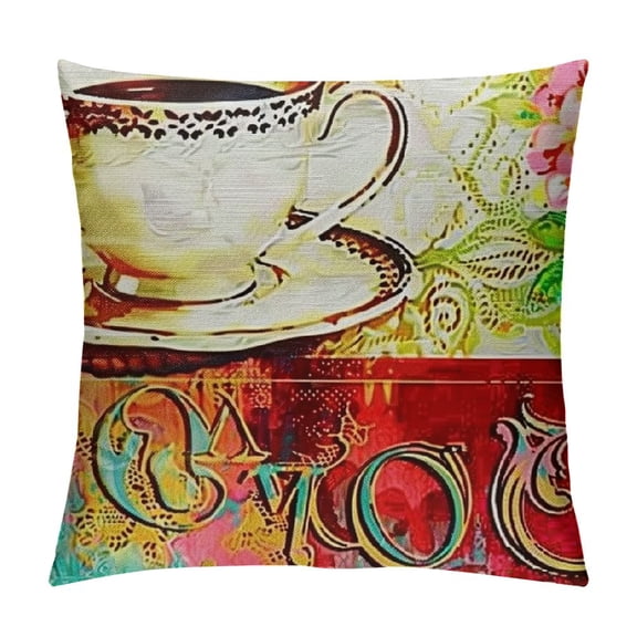 Tea Throw Pillow Cover Coffee Bakery Vintage Decorative Pillow Case Cushion Cover Coffee Shop Sofa Pillowcase (French Roast Coffee)