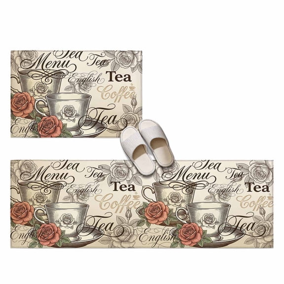 Tea Time 2 Pieces Non-Slip Kitchen Mat Set, Vintage Roses Coffee Cup Romantic French Country Script Soft Door Mat with Rubber Backing, Dirtproof Rugs for Entrance Doorway, 23.6x35.4in+23.6x70.9in