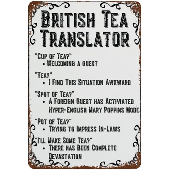 Tea Time British Tea Translator Quote Metal Tin Sign 8x12 Inch Funny Wall Decor Plaque for Home or Kitchen
