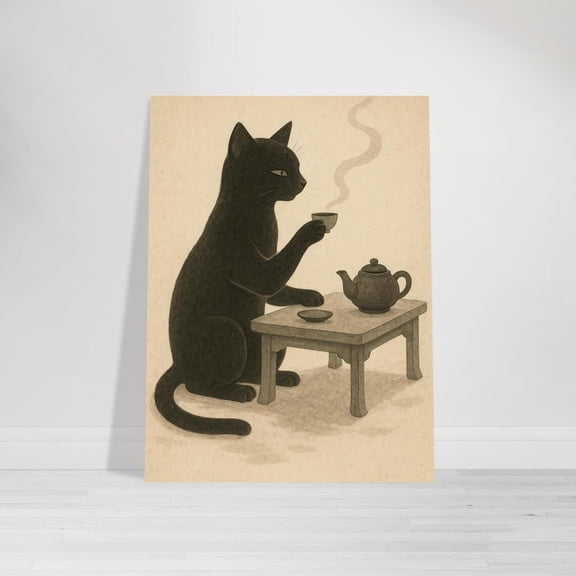 Tea Time Cat Wall Art Japanese Ink Cat Poster, Unframed Paper Poster 8x10in
