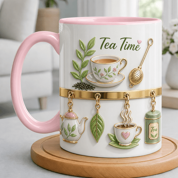 Tea Time Coffee Mug with Tea Cup & Tea Leaves Design, Gift for Tea Lovers