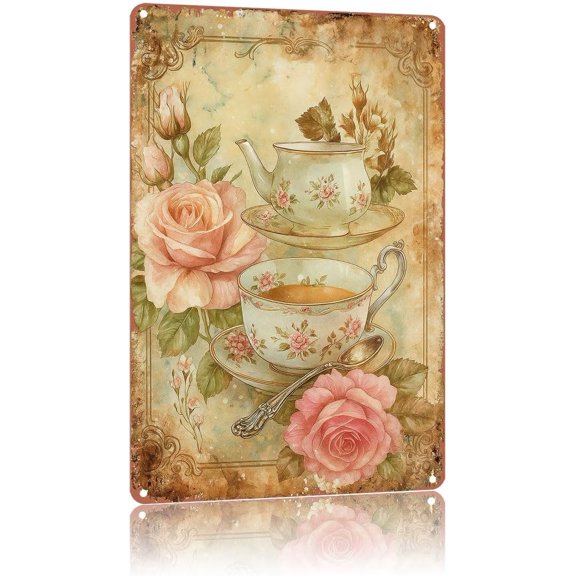 Tea Time Country Style Vintage Metal Wall Sign, 12 x 8 Inch Decorative Plaque for Home, Bedroom, Living Room, Bar, Restaurant Decor
