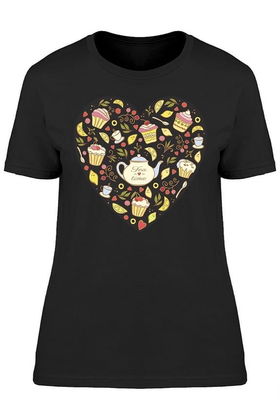 Tea Time, Doodles Heart Shape T-Shirt Women -Image by Shutterstock, Female Large