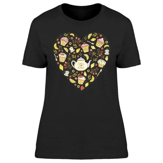 Tea Time, Doodles Heart Shape T-Shirt Women -Image by Shutterstock, Female x-Large