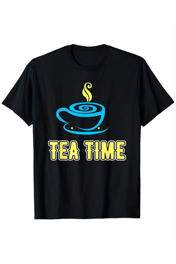 Tea Time Graphic T-Shirt for Men & Women - 100% Cotton, Casual Round Neck Short Sleeve, Black with Colorful Tea Cup Design, Regular Fit S-XXXL, Perfect for Casual Attire or Outdoor Activities,
