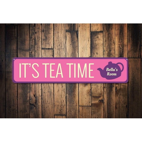 Tea Time Sign Tea Party Tea Pot Kid Name Bedroom Sign Custom Metal Child Name Playroom Sign - Tea Time Sign - Size: 16 x 4 Inches