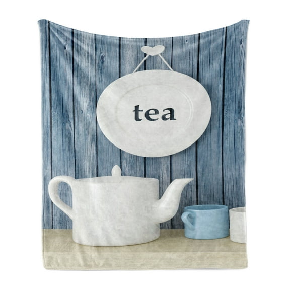 Tea Time Soft Flannel Fleece Blanket, Country Themed Rustic Inspired Lettering on Plates Cups and Pot Illustration, Cozy Plush for Indoor and Outdoor Use, 50" x 60", Blue and White, by Ambesonne