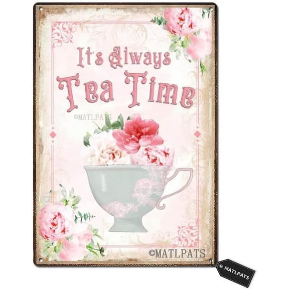 Tea Time Teacup Wall Art Print, Shabby Chic Kitchen Decor Sign, 8 x 6 Inch