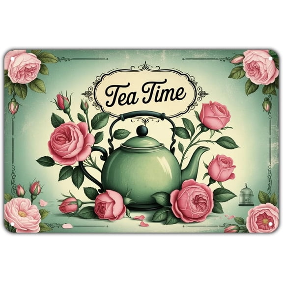 Tea Time Teapot tin sign, Vintage Floral Rose Tea Metal Sign print Aesthetic Room Decoration for Home Bedroom Kitchen Bar Coffee Bathroom Indoor Outdoor Wall Decor, 8 X 12 IN