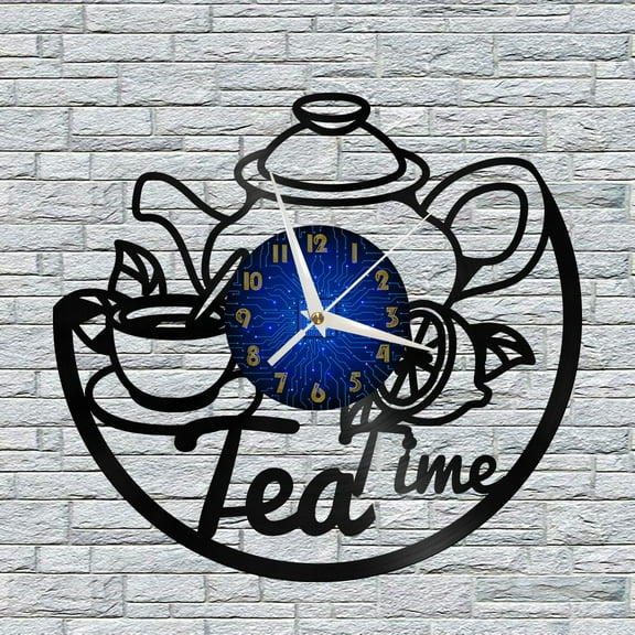 Tea Time Theme Vinyl Wall Clock, Vinyl Record Clock Wall Art Silent & Non-ticking(12 inchs B)
