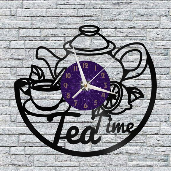 Tea Time Theme Vinyl Wall Clock, Vinyl Record Clock Wall Art Silent & Non-ticking(12 inchs P)