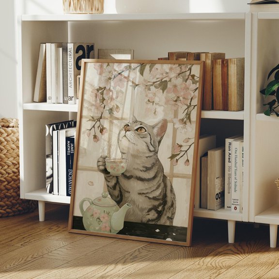 Tea Time With Cherry Blossoms Cat, Poster, Art Print, Vintage Poster, Interior Print, Statement Art, Unfreamed 8x10