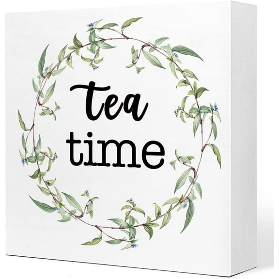 Tea Time Wood Sign,Tea Bar Signs Decor,Tea Lover Wooden Box Sign,Gifts for Tea Lover,Funny Tea Signs Decoration for Home Kitchen Office Tea Room Shelf Table Decor 5x5 inch