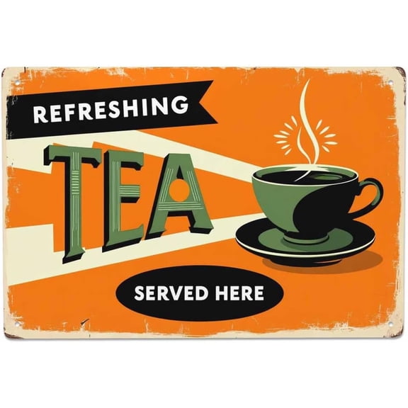 Tea Tin Sign,Refreshing Tea Service Here Dark Yellow Vintage Metal Tin Signs for Cafes Bars Pubs Shop Wall Decorative Funny Retro Signs for Men Women 8x12 Inch
