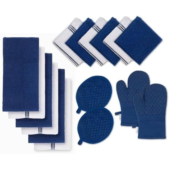 Tea Towels - 16 Pc Set with Silicone Oven Mitts and Pot Holders, Cotton Kitchen Towels, Absorbent Dish and Hand Towels - Indigo