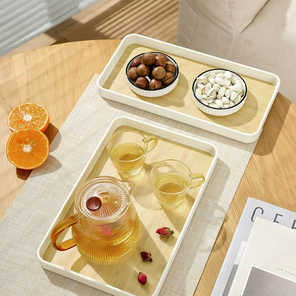 Tea Tray with Teacup Holder Faux Wood Grain Durable Serving Tray Organizes Teapot and Tableware for Effortless Entertaining and Daily Tea Service|Plastic,M,KTFgvq